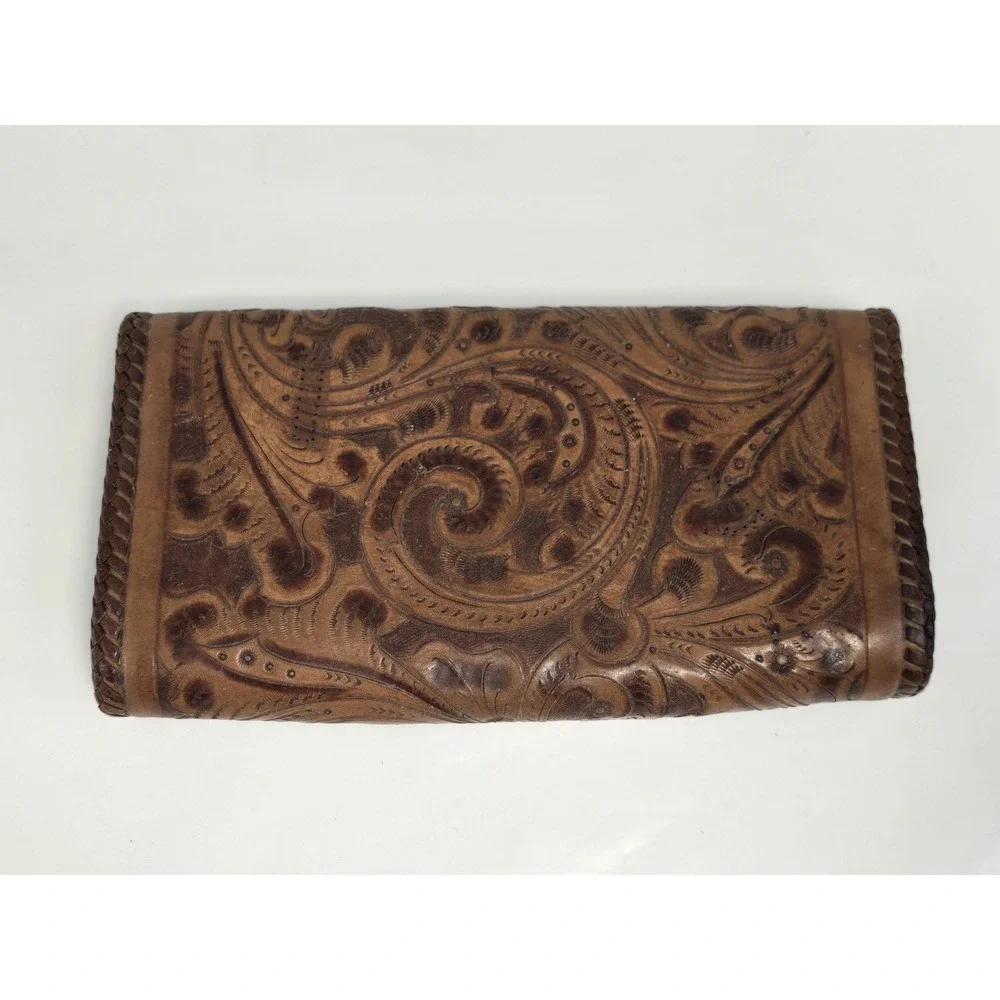 RARE‎ Vintage Brown Hand Tooled Leather Wallet Clutch , Gaiton - Made In Mexico
